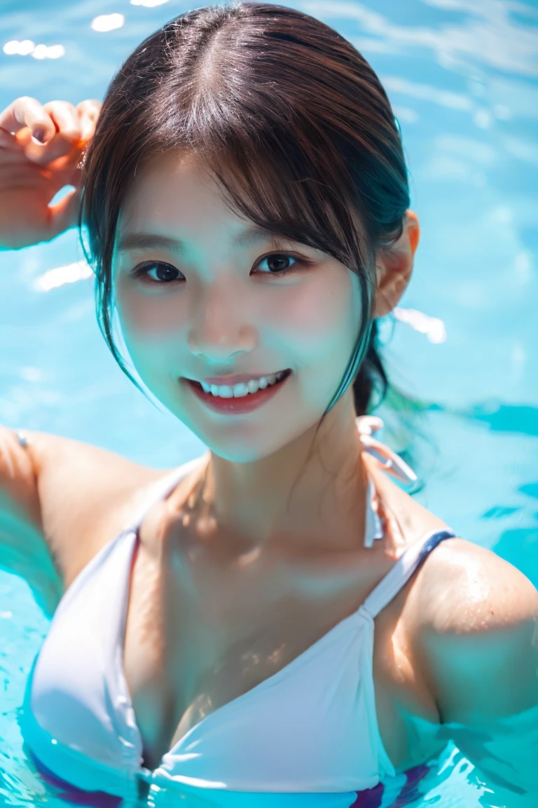 ((スポーツSwimwear:1.3)), Swimwear, Skin color, big , smile, (8K, RAW Photos, Highest quality, masterpiece:1.2), masterpiece, super detailed, super high quality, (Realistic and photorealistic photography:1. 37), High-resolution RAW color photos, Very delicate and beautiful, highly detailed, 8K壁紙, wonderful, detailed, Very eye, very detailed, very detailed skin, very thin fingers, very detailed nose, very detailed mouth, Perfect Anatomy, Upper Body, swimming, Transparency, tiny Swimwear, Nogizaka idol, Korean Idol, idol carving'Temporarily stop, 18-year-old, cheap, Cafe, restaurant, Italy, deer, Australia, break ((Upward glance)), ((angle From above: 1. 3)), From above, Looking into the camera,long hair