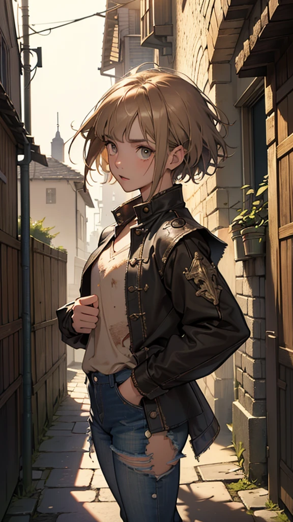 masterpiece, ultra detailed, 8K Portrait, Raw photo, a portrait photo of girl, Highly detailed face, beautiful and meticulous eyes, ((Fantasy)), 10 year old, young girl, little, dark blonde short hair, brown eyes, Kind face, skinny, (((dirty and tattered clothes))) Fluttering in the wind, ((bare foots)), Midday Sun, Hyper realistic, in a medieval back alley, Ambient lighting, Shadow details , strong breeze, Light fog