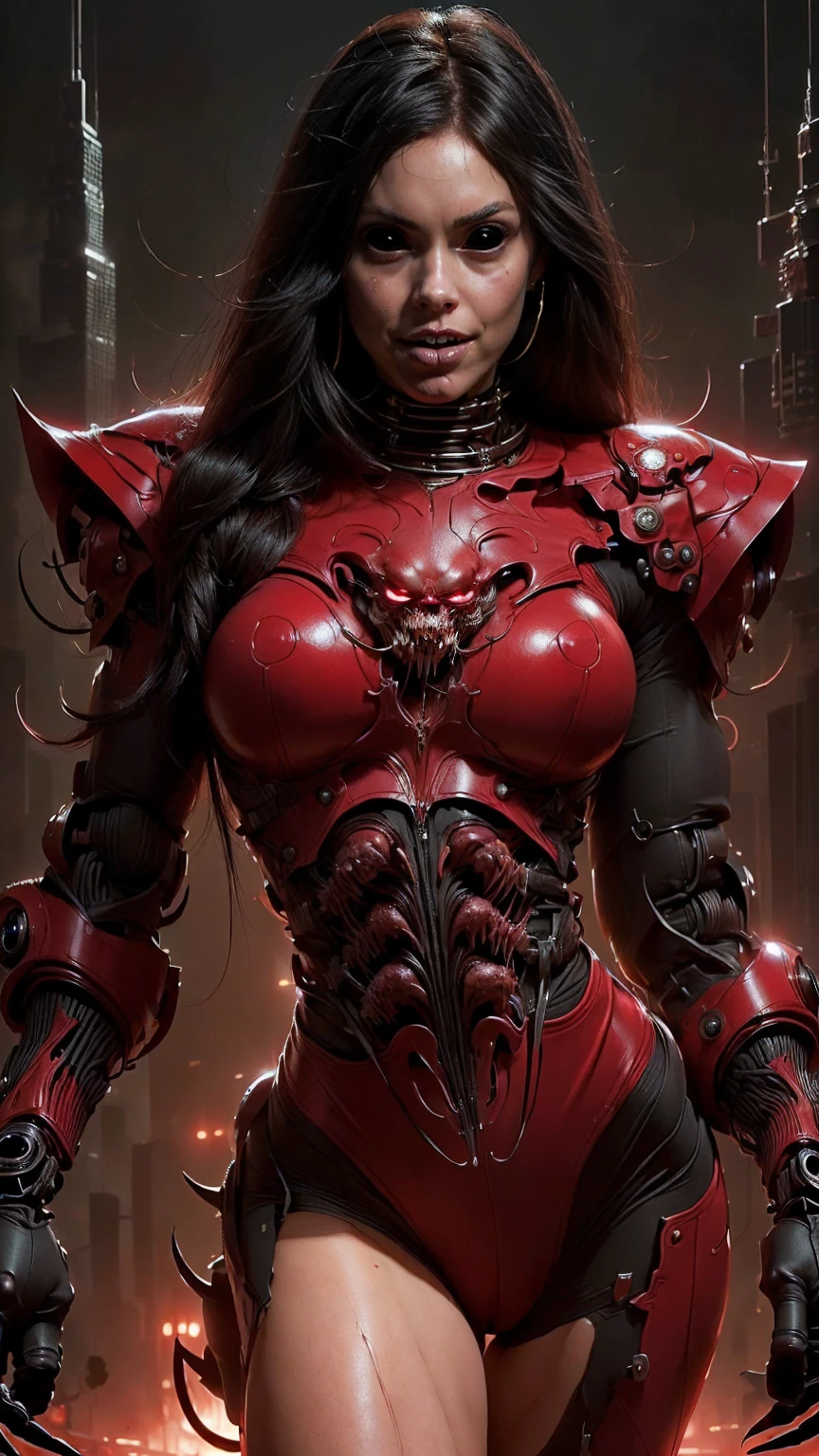 (beautiful girl face:1.45), megan fox as a beautiful vampiric girl with a muscular red carnage body, (red carnage anatomic muscular bio-mecha muscle suit:1.25), (body totally covered in muscles, veins, tendons), (perfect muscular anatomy), (wide shoulders and upper body:1.25), (slim waist:1.25), (long hair:1.25), (perfect hands:1.25)