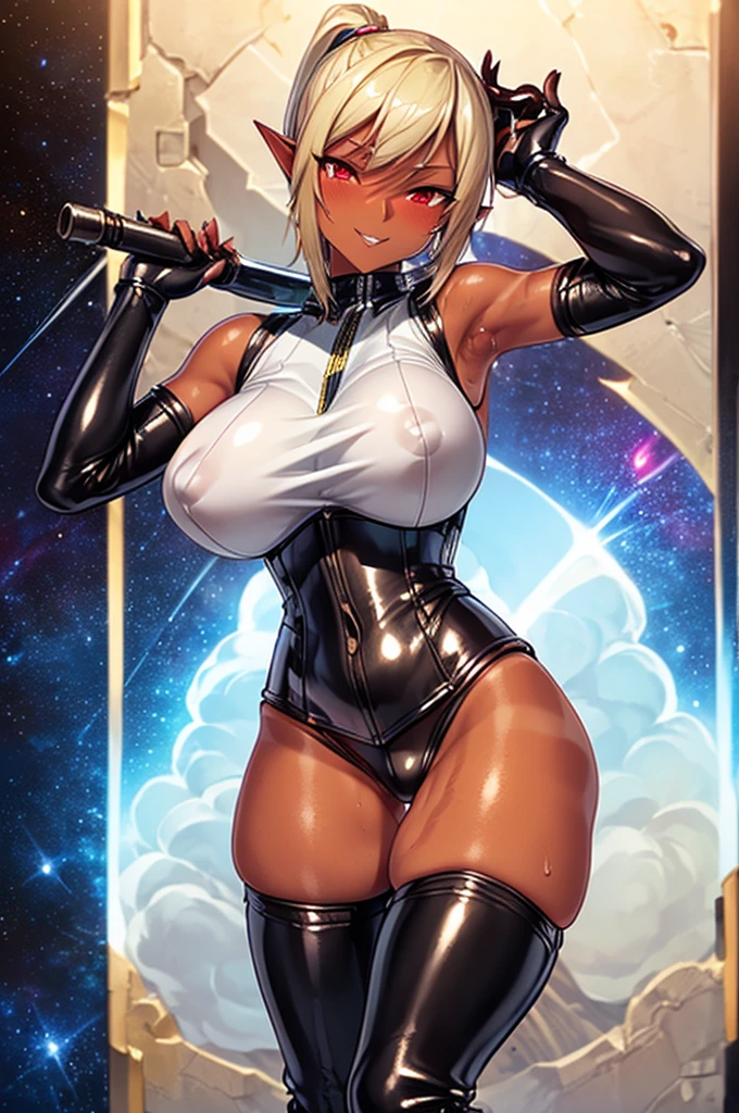 Ultra-detailed,masterpiece,Highest quality,Official image,(Midnight,Space Station:1.3),(Side ponytail long hair,blonde,Pointy Ears:1.1),(Red Eye:1.1),(Tan skin Oily skin:1.5),(Huge breasts:1.2),(model:1.1),(Tattoo),(Natural Makeup),(Shiny clothes,Shiny body,Shiny Chos),(Ecstasy,orgasm),(Five Fingers:1.1),(Leather corset,Leather Gloves,Thigh-high boots:1.5), (Shiny clothes:0.8),(Moderate),(Tattoo:1.1),(vapor,Sweat:1.1),(first round:1.1),(Sexy pose:1.5),Cowboy Shot,(Bright fingers,Brilliant hands,Put your hands behind your back),(An inviting smile)