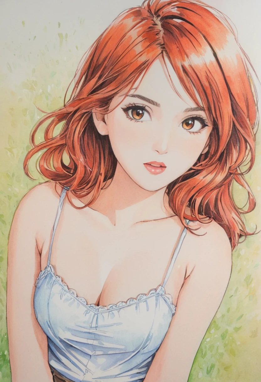  female，short camisole，white，Art，ad，colour pencil drawing，draft drawing ，comic collage，illustration