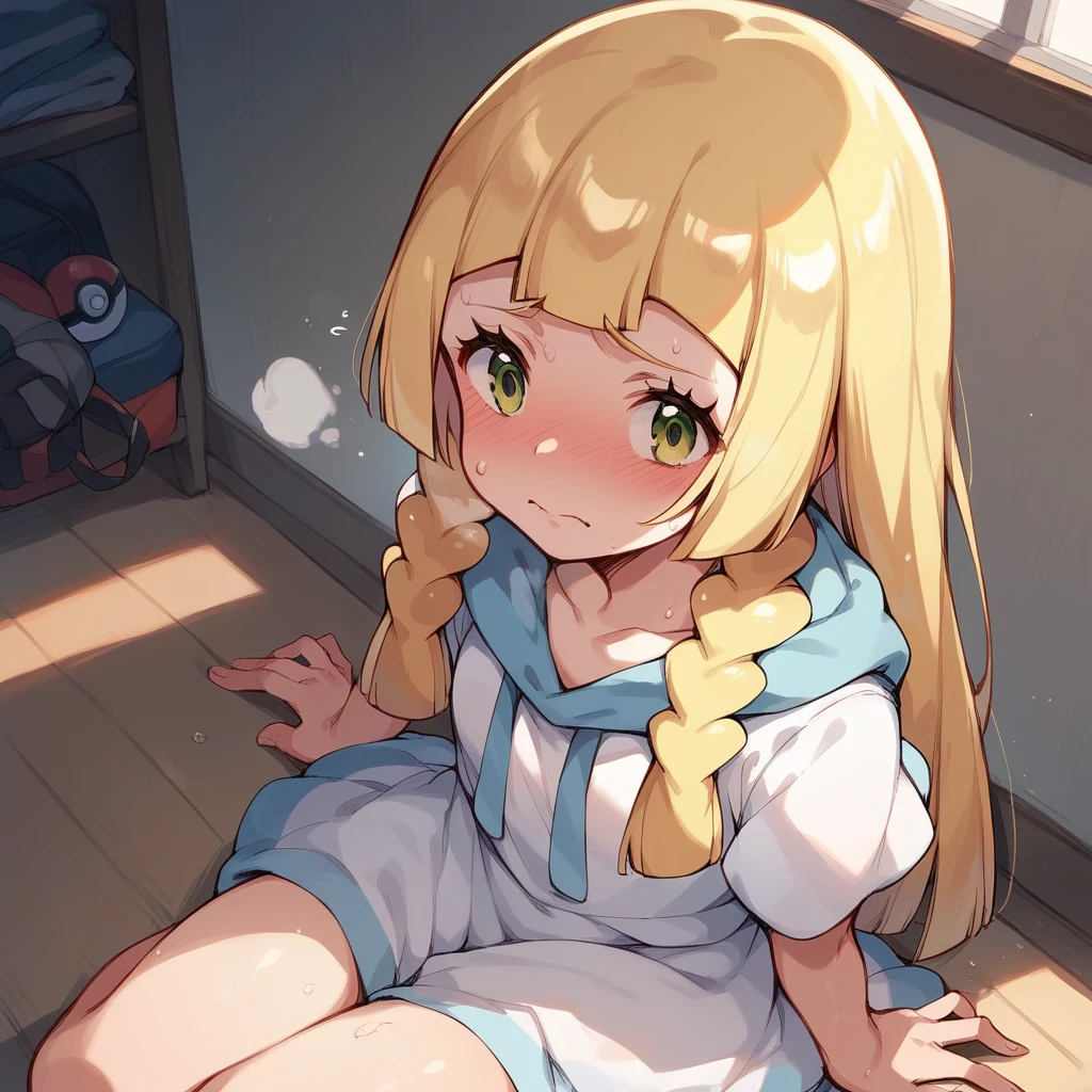 nsfw,1 male,Sweat,White Breath,Pokémon,Lillie,,sit,room,View from above,Having her breasts massaged from behind,Embarrassed expression,