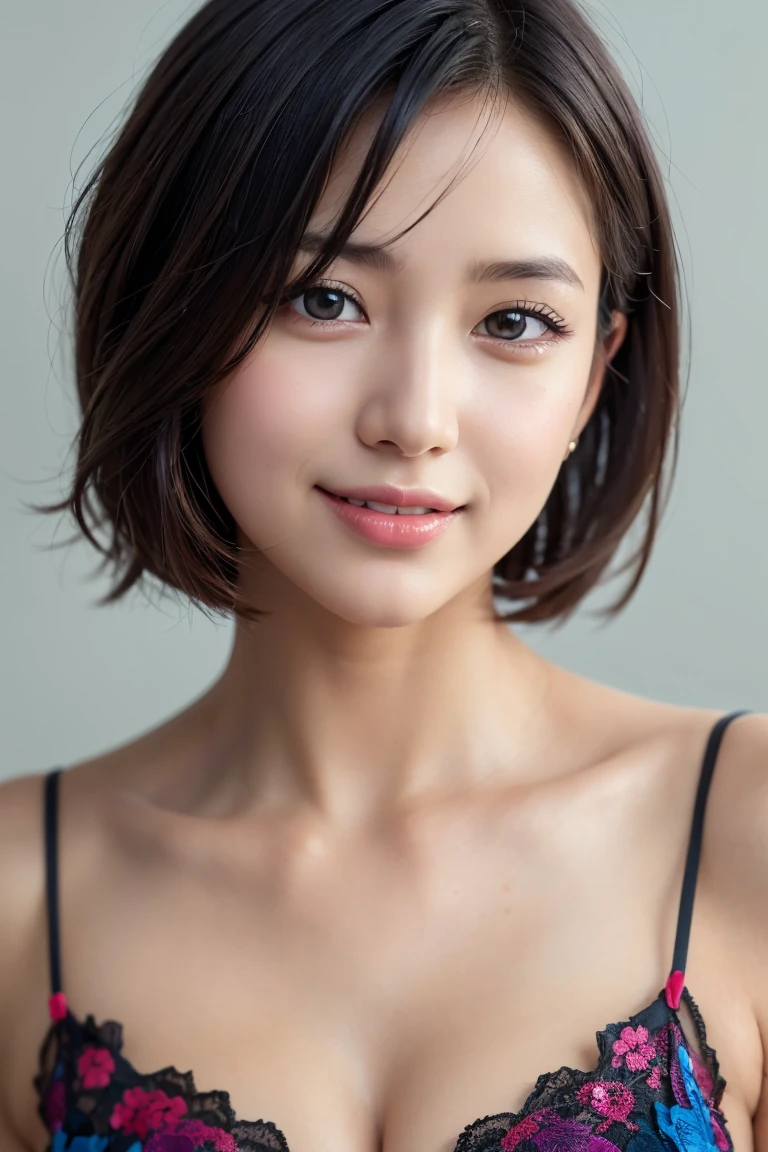1 girl,(wearing colorful stage costume:1.2),very beautiful japanese idol portrait,close up of face,(RAW photo,best quality),(real,realistic:1.4),(masterpiece),very delicate and beautiful,very detailed,2k wallpaper,amazing,finely detailed,highly detailed CG Unity 8K wallpaper,very detailed,high resolution,soft light,beautiful detailed girl,very detailed eyes and face,beautiful refined nose,finely beautiful eyes,cinema lighting,(simple light color background:1.3),(short hair),(bob),full anatomy,slender body,small breasts,smiling,
