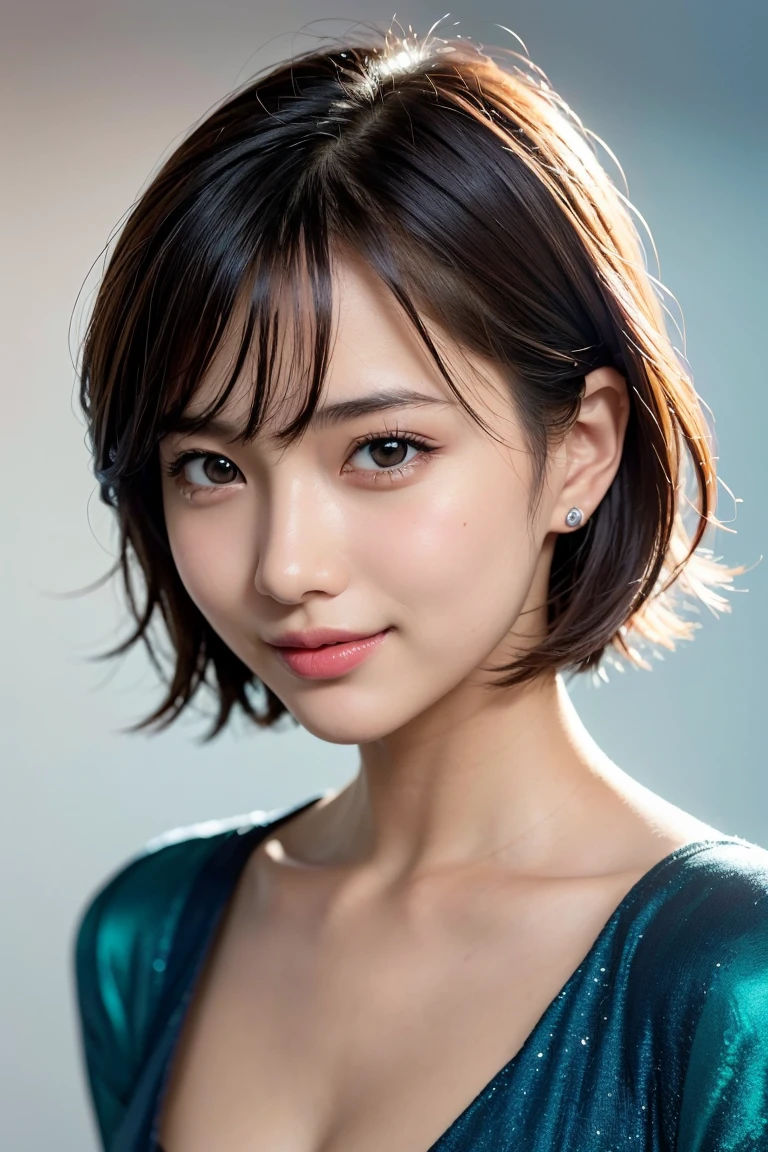 1 girl,(wearing colorful stage costume:1.2),very beautiful japanese idol portrait,close up of face,(RAW photo,best quality),(real,realistic:1.4),(masterpiece),very delicate and beautiful,very detailed,2k wallpaper,amazing,finely detailed,highly detailed CG Unity 8K wallpaper,very detailed,high resolution,soft light,beautiful detailed girl,very detailed eyes and face,beautiful refined nose,finely beautiful eyes,cinema lighting,(simple light color background:1.3),(short hair),(bob),full anatomy,slender body,small breasts,smiling,