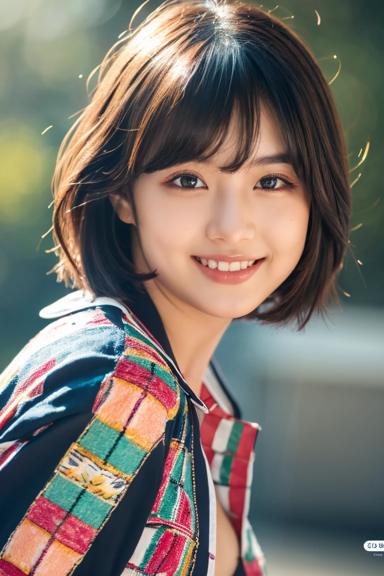 1 girl,(wearing colorful stage costume:1.2),very beautiful japanese idol portrait,close up of face,(RAW photo,best quality),(real,realistic:1.4),(masterpiece),very delicate and beautiful,very detailed,2k wallpaper,amazing,finely detailed,highly detailed CG Unity 8K wallpaper,very detailed,high resolution,soft light,beautiful detailed girl,very detailed eyes and face,beautiful refined nose,finely beautiful eyes,cinema lighting,(simple light color background:1.3),(short hair),(bob),full anatomy,slender body,small breasts,smiling,