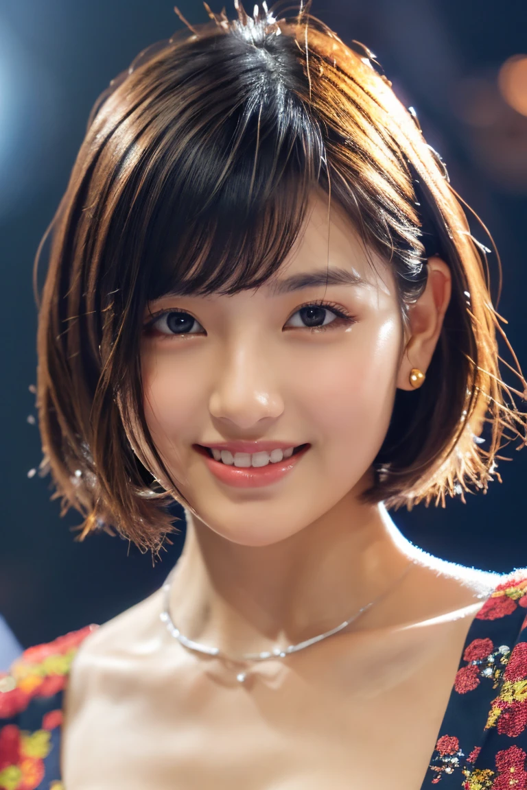 1 girl,(wearing colorful stage costume:1.2),very beautiful japanese idol portrait,close up of face,(RAW photo,best quality),(real,realistic:1.4),(masterpiece),very delicate and beautiful,very detailed,2k wallpaper,amazing,finely detailed,highly detailed CG Unity 8K wallpaper,very detailed,high resolution,soft light,beautiful detailed girl,very detailed eyes and face,beautiful refined nose,finely beautiful eyes,cinema lighting,(simple light color background:1.3),(short hair),(bob),full anatomy,slender body,small breasts,smiling,