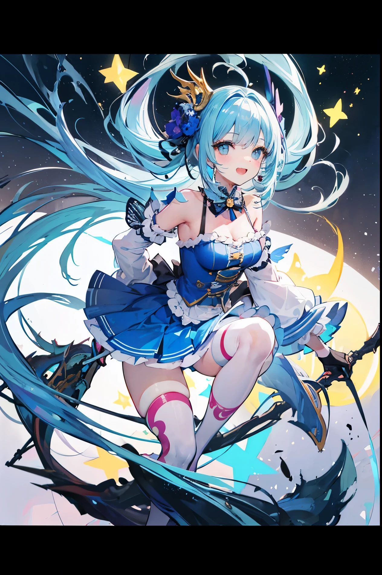 Circus clown style sweet girl，Blue，Super cute，clown mask，Perfect face，Double tail，Blue and white skirt，Laughter and ridicule，Sadistic，Sense of Madness，Horror，Elusive