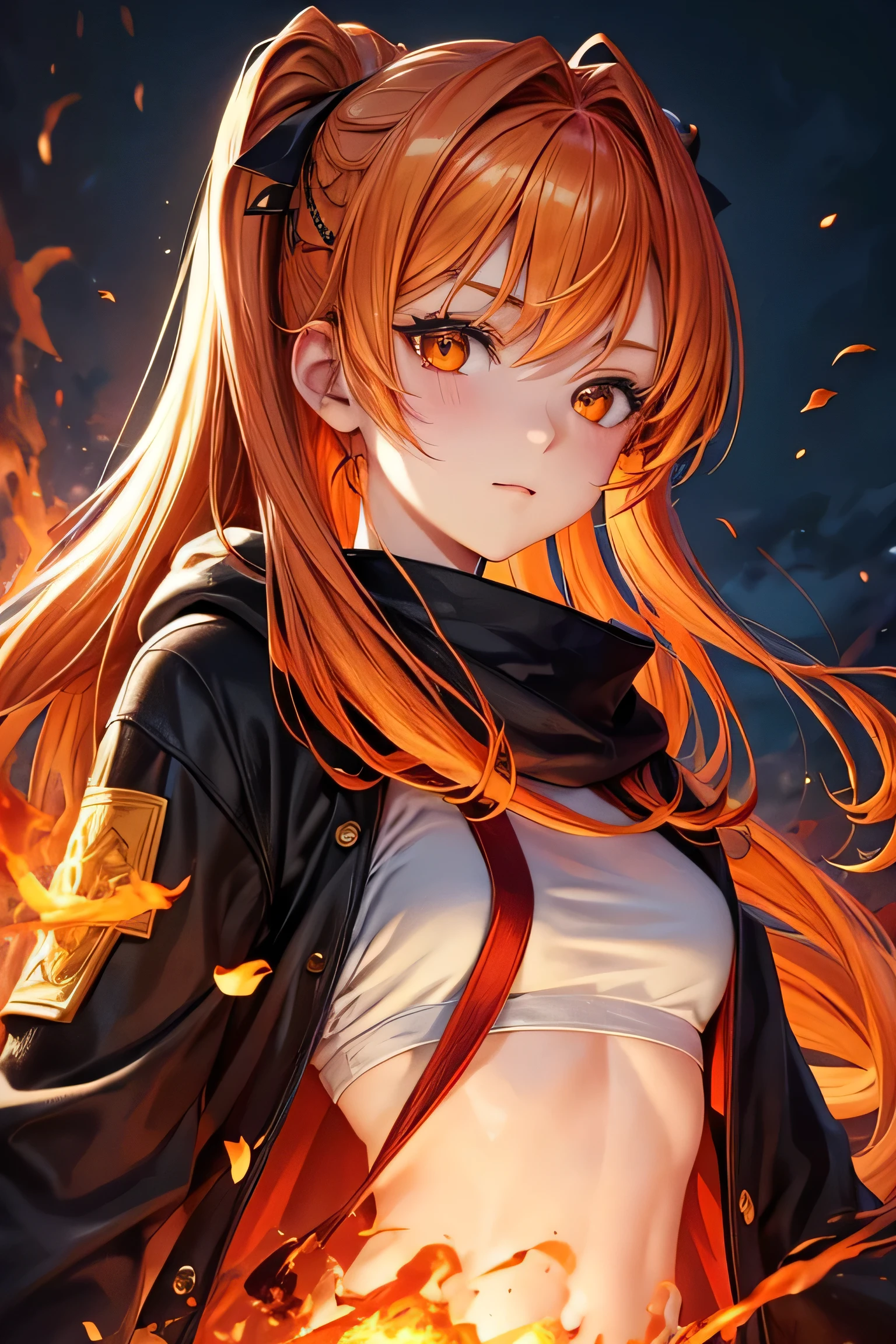 Masterpiece, Very detailed, ultra detailed, heat, Alone, (1 girl), (pale skin), orange eyes, By the knitwear, Red hair, Orange hair, yellow hair, Firehair, genial chara, Flat Face, young woman, Mrs. Chara, half , arrogant, safe, cold face, goddess, girl cute awesome, flames of fire, (Red flowers:0.5), (calm expression), (glowing fire crystals), (modern casual clothing), (SMILE:0.5)