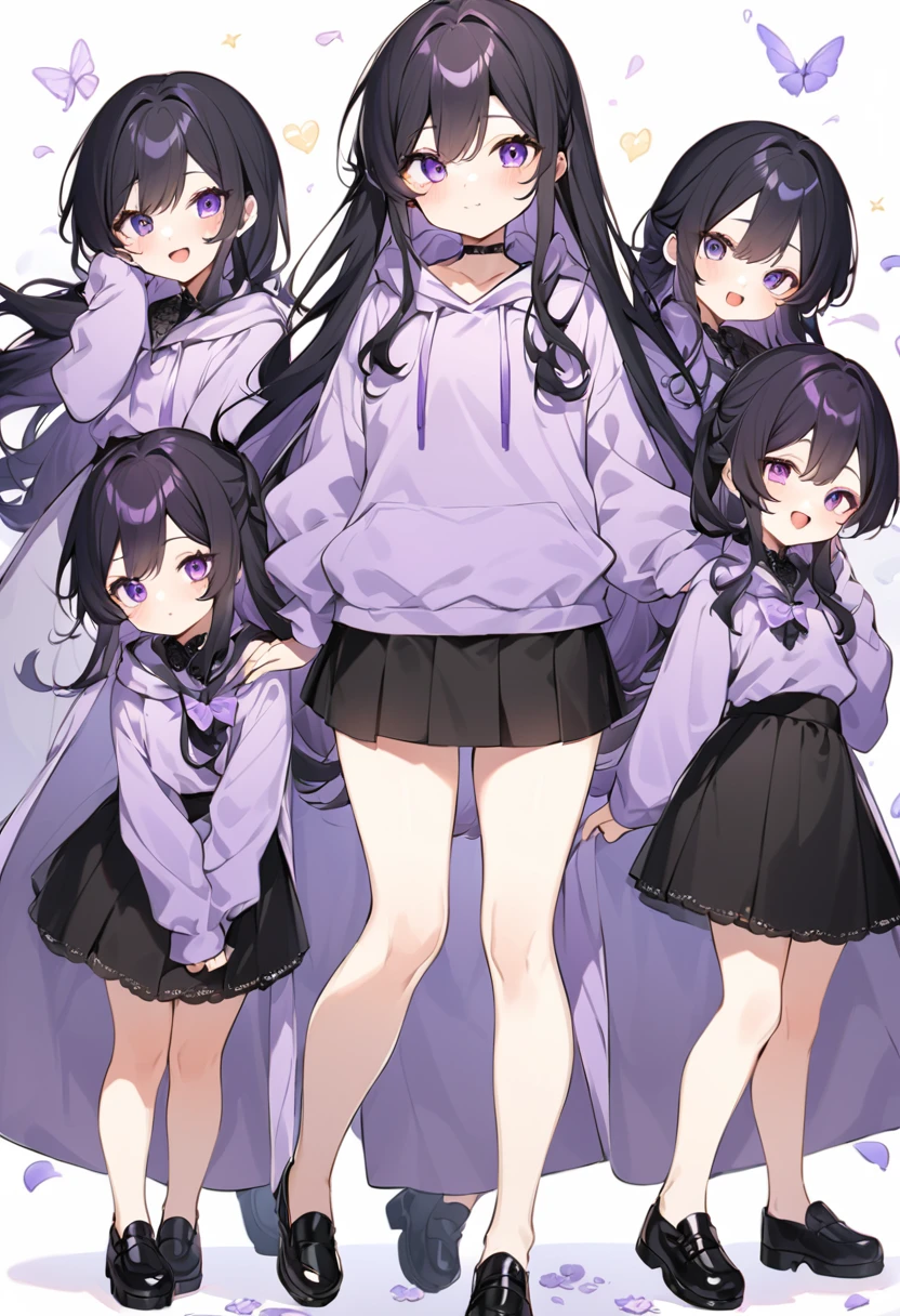 Keito。Purple hoodie。Black Skirt。Purple Eyes。Black Hair。Black shoes下。Black shoes。6 sistery eldest daughter has lavender hair.。all female。Sextuplets