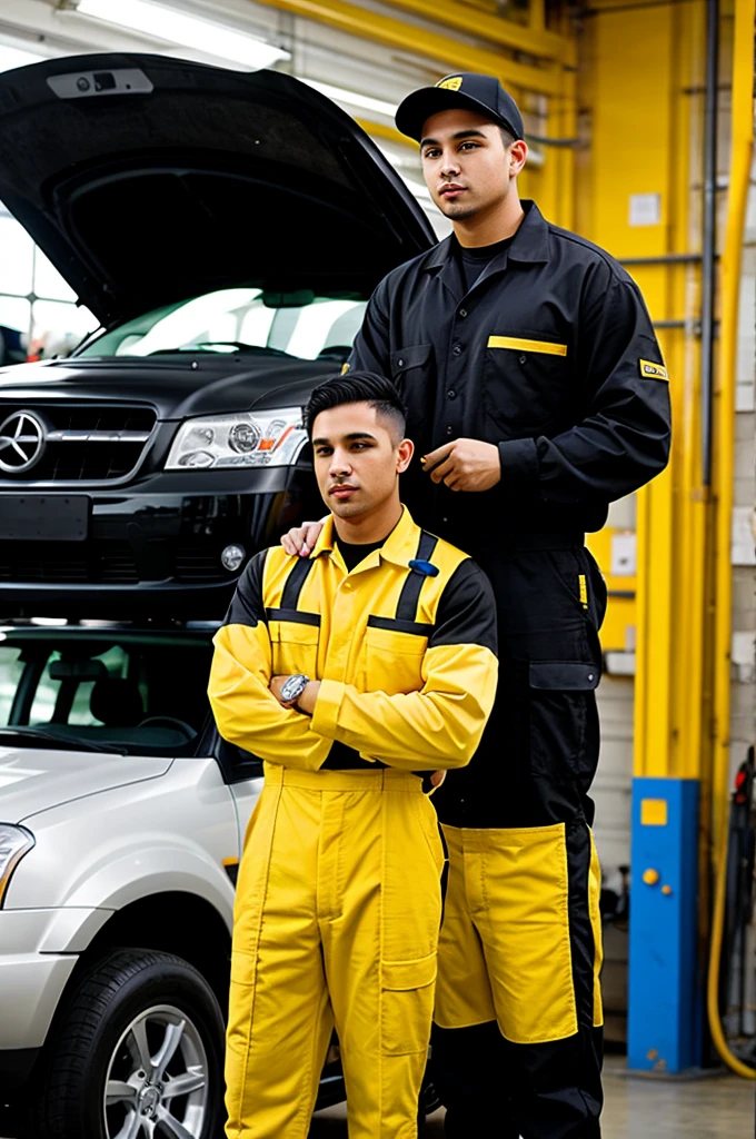Automotive technician dressed in black and yellow worker's clothing industrial glasses full frontal shot sharpness white background