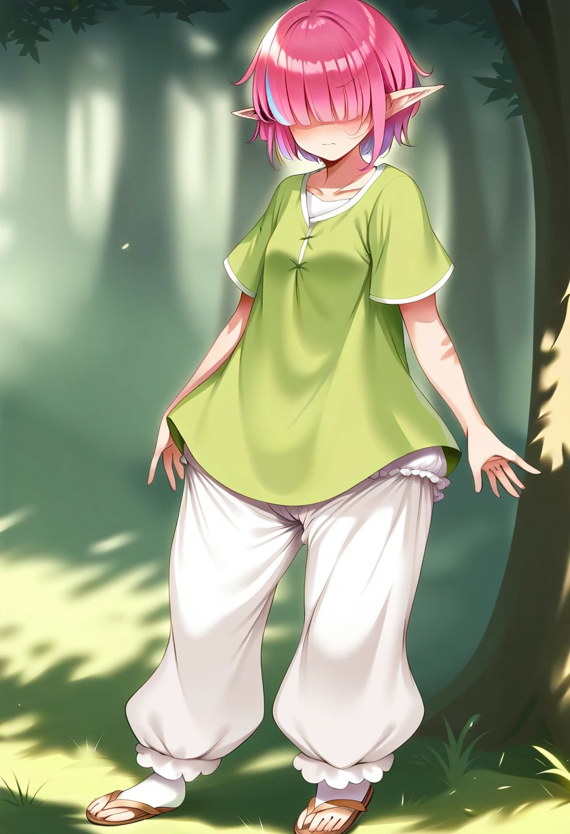 BREAK Perfect Anatomy、(High resolution:1.2)、Incredible illustrations、(Cute illustrations:1.2)、
(Beautiful background(deep in the forest))
1 girl((multicolored pink hair hair,(bangs over eyes), embarrassed)1girl((a girl,elf 1.5meters, 25kg,18 years old female,
((tunic,poncho,(loose pants,bloomers),thigh-high socks, sandals), (ソフトクリームを食べる)