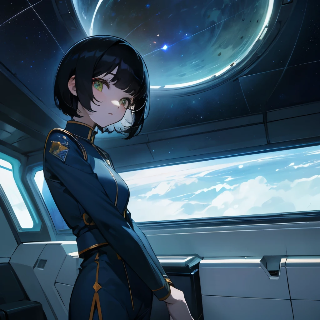 short black hair, green eye, white skin, crew member, dark blue uniform, inside the space train, starry space, extremely beautiful, masterpiece