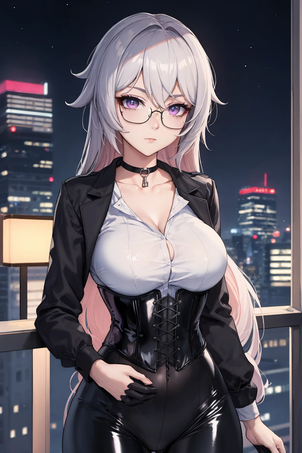 Masterpiece, Beautiful art, professional artist, 8k, detailed body, Very detailed face, very detailed eyes, Detailed clothing, detailed fabric, Best Quality, better resolution, 1 girl, bronya zaychik \(HONKAI IMPACT 3rd\), front view, standing, big breasts, serious expression, At night , long silver hair, glasses, choker:1.6, (white collar button down long sleeve shirt), (shiny black corset), black gloves that cover your hands, (shiny black leggings), looking at the viewer, modern city, At night