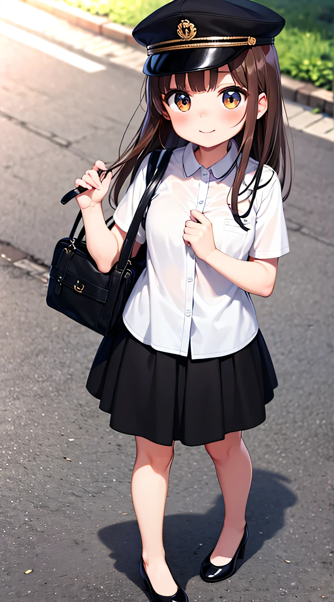 {Highest quality}, {Super beautiful},{Ultra fine},{Best illustration},Brown Hair,Hime cut,semi-long,Bangs,Standing Woman,Uniform cap,White Shirt,Short sleeve,Long black skirt,Night Park,Embarrassed,smilingly,Blushing,Slender women, A woman wearing plain black pumps,Bare feet and pumps,From an angle,From above