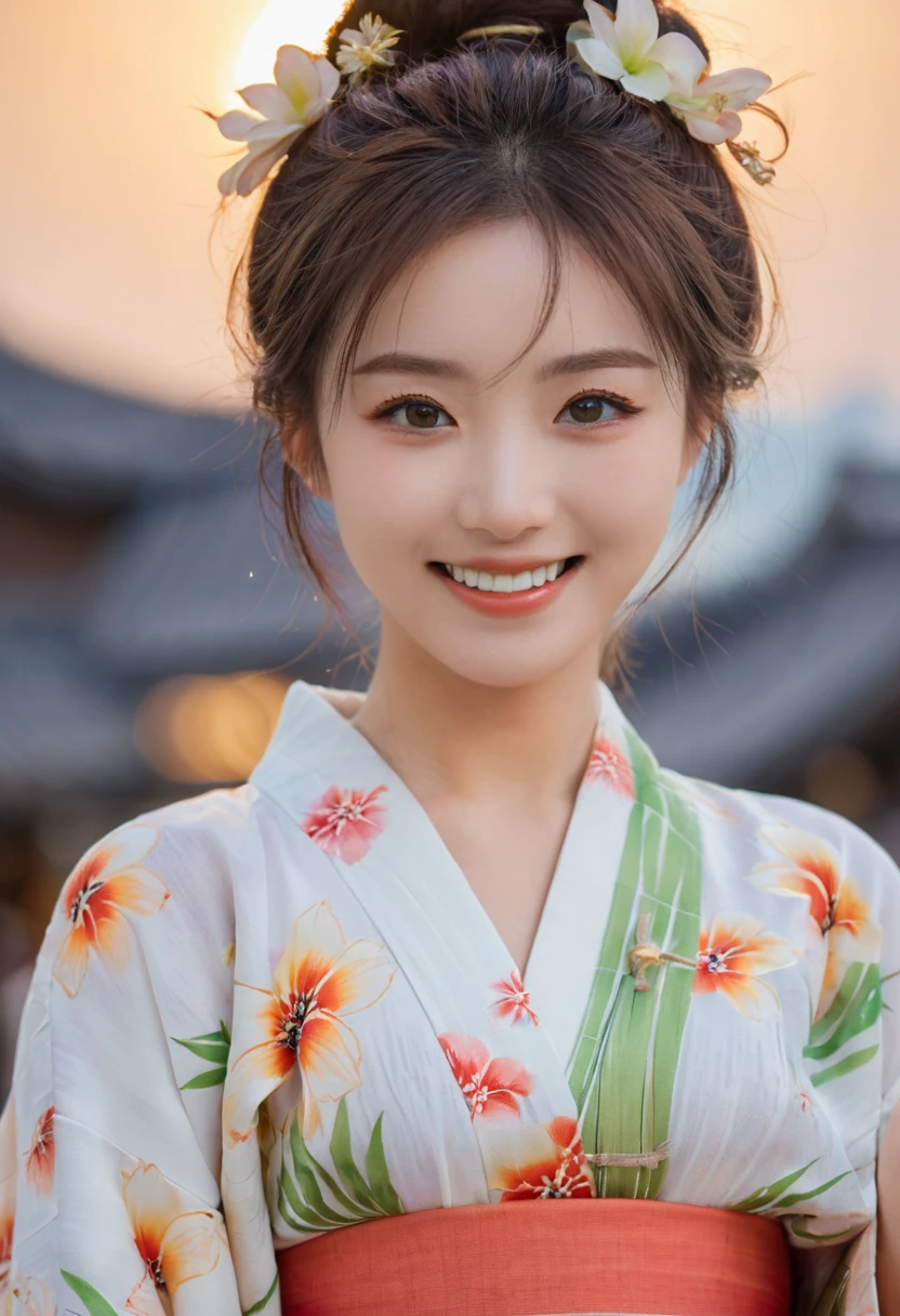 Looking at the camera,(((Top quality, 8K, masterpiece))), Sharp focus, (Beautiful Women in Perfect Shape), slim, (hairstyle: up)), ((kimono: sugar cane)), street: 1.2 高度详细的脸部和皮肤纹理 细致的眼睛 Double eyelids随意姿势, (Smile),super cute Japan person,super beauty Japanese girl, Realistic face, Double eyelids,Smile,Summer Day Festival , Sunset , Beautiful Teeth , Fireworks background.