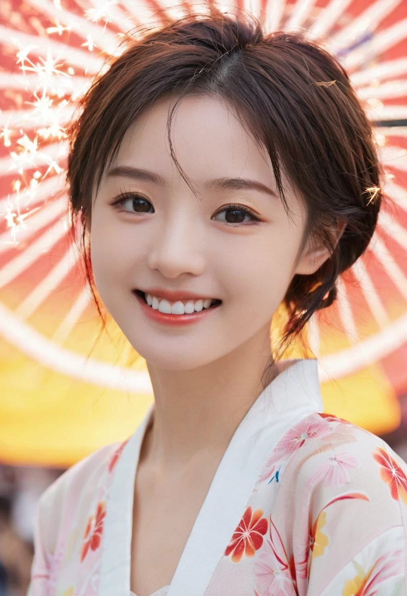 Looking at the camera,(((Top quality, 8K, masterpiece))), Sharp focus, (Beautiful Women in Perfect Shape), slim, (hairstyle: up)), ((kimono: sugar cane)), street: 1.2 高度详细的脸部和皮肤纹理 细致的眼睛 Double eyelids随意姿势, (Smile),super cute Japan person,super beauty Japanese girl, Realistic face, Double eyelids,Smile,Summer Day Festival , Sunset , Beautiful Teeth , Fireworks background.