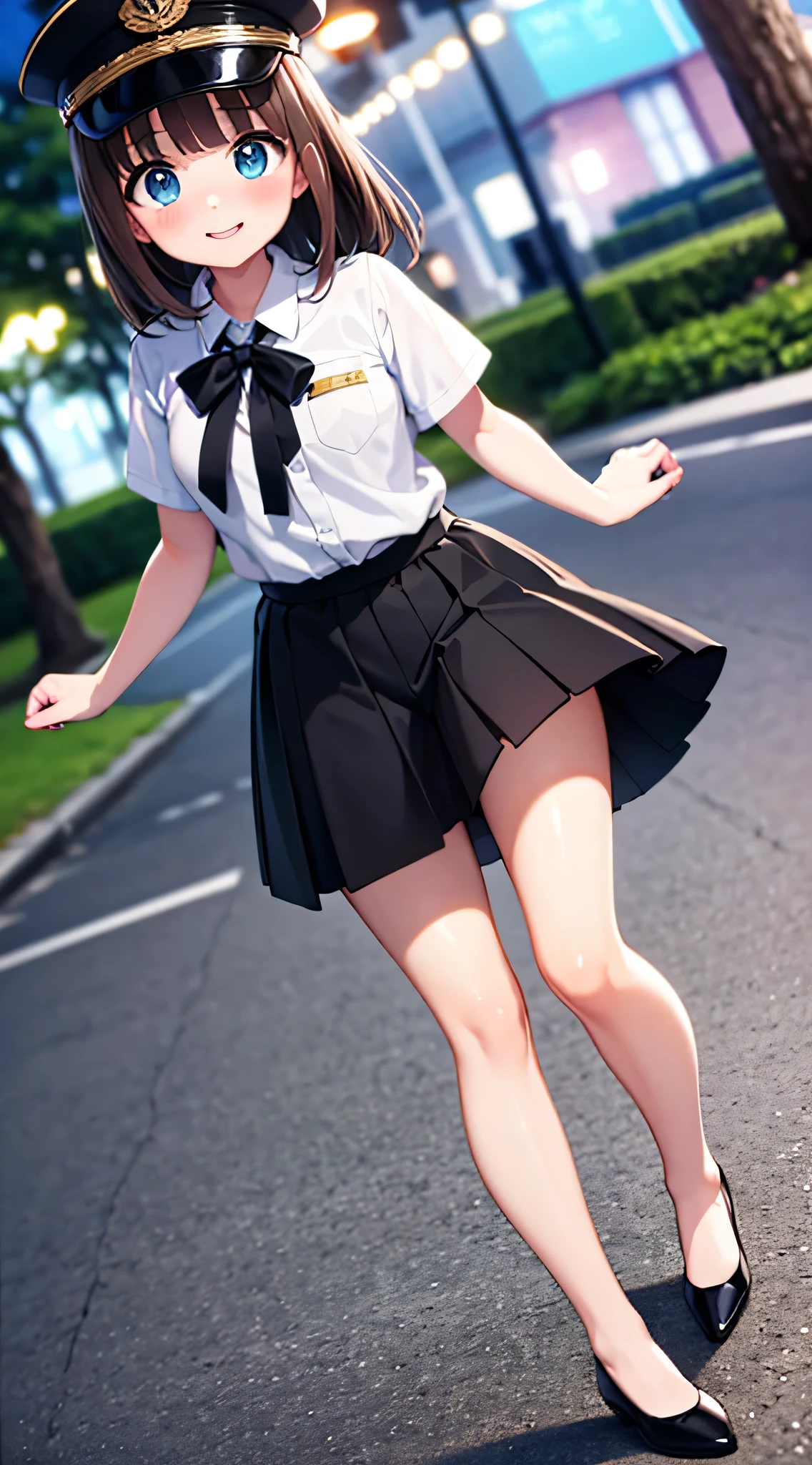 {Highest quality}, {Super beautiful},{Ultra fine},{Best illustration},Brown Hair,Hime cut,semi-long,Bangs,Standing Woman,Uniform cap,White Shirt,Short sleeve,Long black skirt,Night Park,Embarrassed,smilingly,Blushing,Slender women, A woman wearing plain black pumps,Bare feet and pumps,From an angle,From above