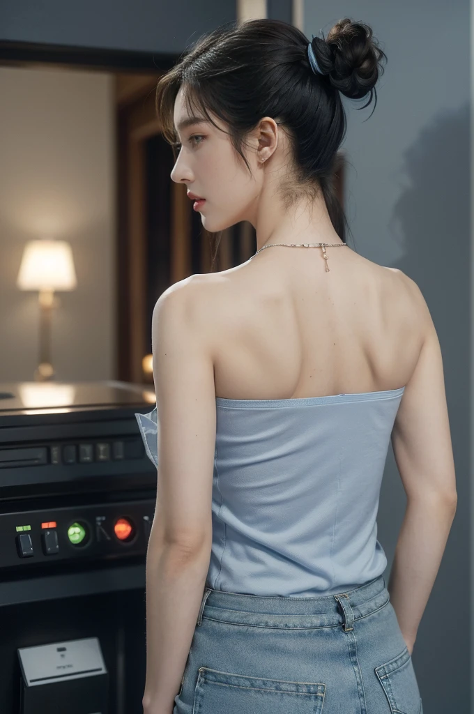 (((best quality))),(((ultra detailed))),(((masterpiece))),illustration,((1girl, female, Air Force commander,solo)),(short ponytail:1.2),((slim,thin)),((shoulder off,strapless,bare back,towering hips,butt crack)),poised, confidence, authority,(light blue short-sleeved shirt:1.3),(dark blue shorts:1.2), (slender legs:1.2),piercing eyes, control panel, military airport, soldiers, duties, fighter jets, clear sky, engine roar, excitement, energy, control room, monitors, switches, mosaic colors, expertise, pilots, headset, calm voice, strong presence, attention, respect, leadership, dedication, courage, bravery, women in military, inner strength, resilience, inspiration,((from back,upper body))