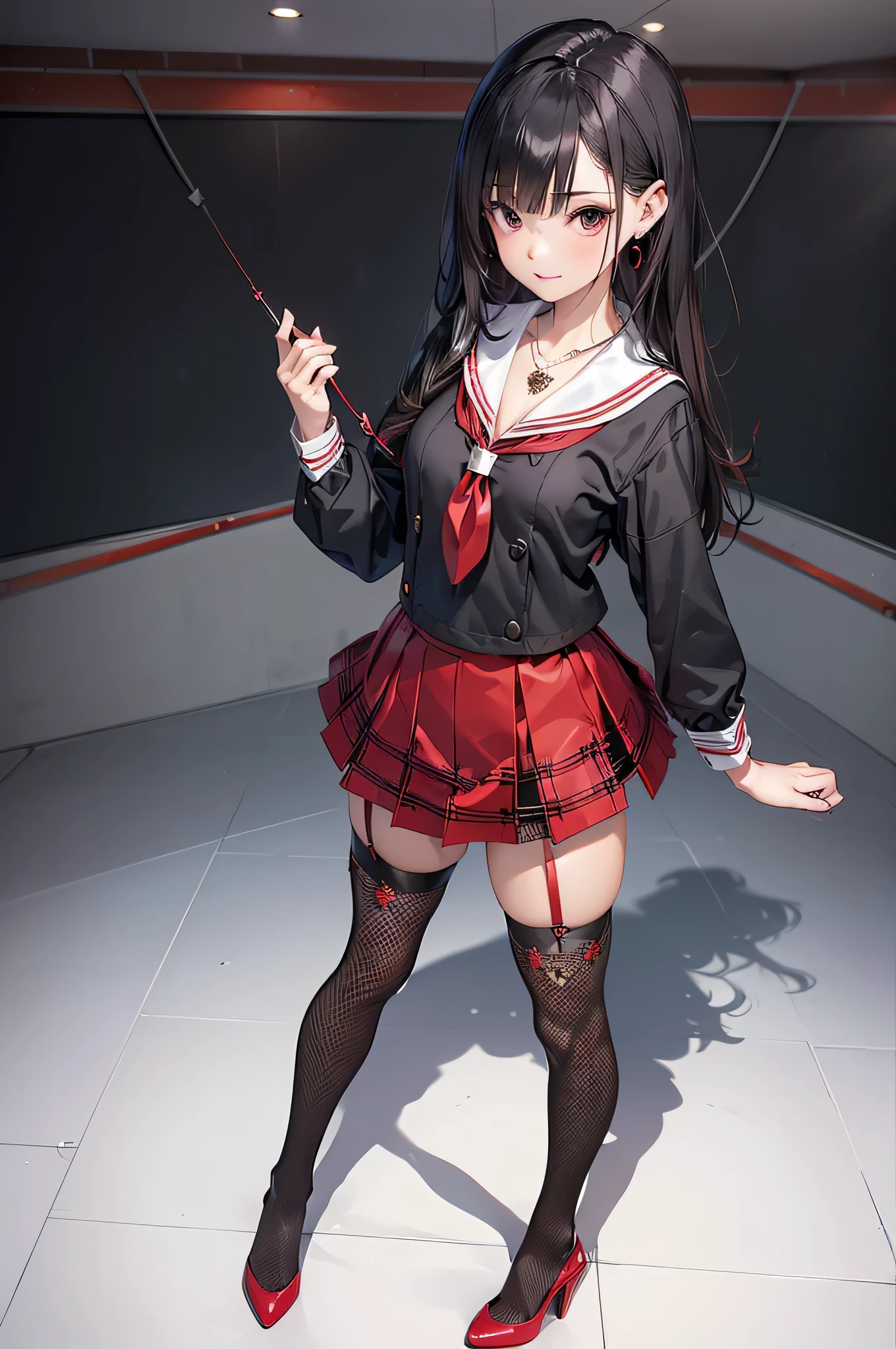 ((Biologically correct limb count)),(( From head to toe,Full-body photo including face)),4K,((Standing position)),masterpiece,((Focus on the face)),((Symmetrical facial features)),Eyes with detailed description,Beautiful woman,Great style,Beautiful arms,Beautiful legs,Beautiful Hands,(Small Ass,Thin thighs),Facial detailing,Small earrings,necklace,(Red and black enamel sailor suit,Checked mini skirt((Black high heels,Black patterned stockings))),((Taking a class in a school classroom)),,Realistic photo,Stand at an angle,Low angle photo