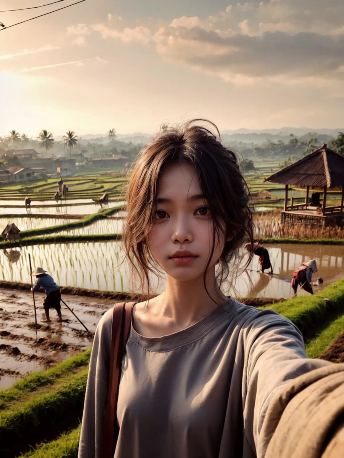 Realistic selfie photo of a 18-year-old Indonesian girl with messy hair, wearing a long-sleeve shirt, carrying a shoulder bag. The background features a rural rice field with people plowing, a gazebo for resting, scarecrows, and village at distance. The sky is clear, it's a bright morning in Indonesia. UHD. Masterpiece.