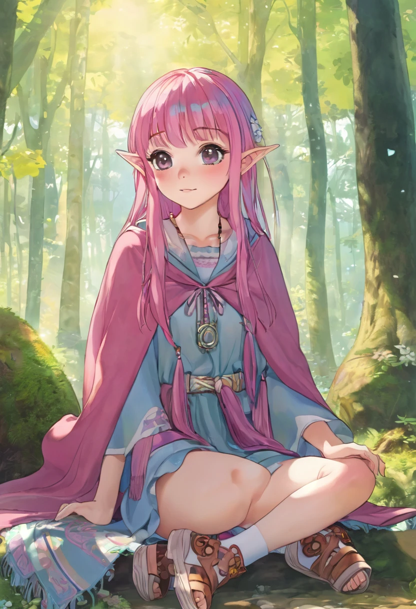 BREAK Perfect Anatomy、(High resolution:1.2)、Incredible illustrations、(Cute illustrations:1.2)、
(Beautiful background(deep in the forest))
1 girl((multicolored pink hair hair,(bangs over eyes), embarrassed)1girl((a girl,elf 1.5meters, 25kg,18 years old female,
((tunic,poncho,(loose pants,bloomers),thigh-high socks, sandals), (ソフトクリームを食べる)