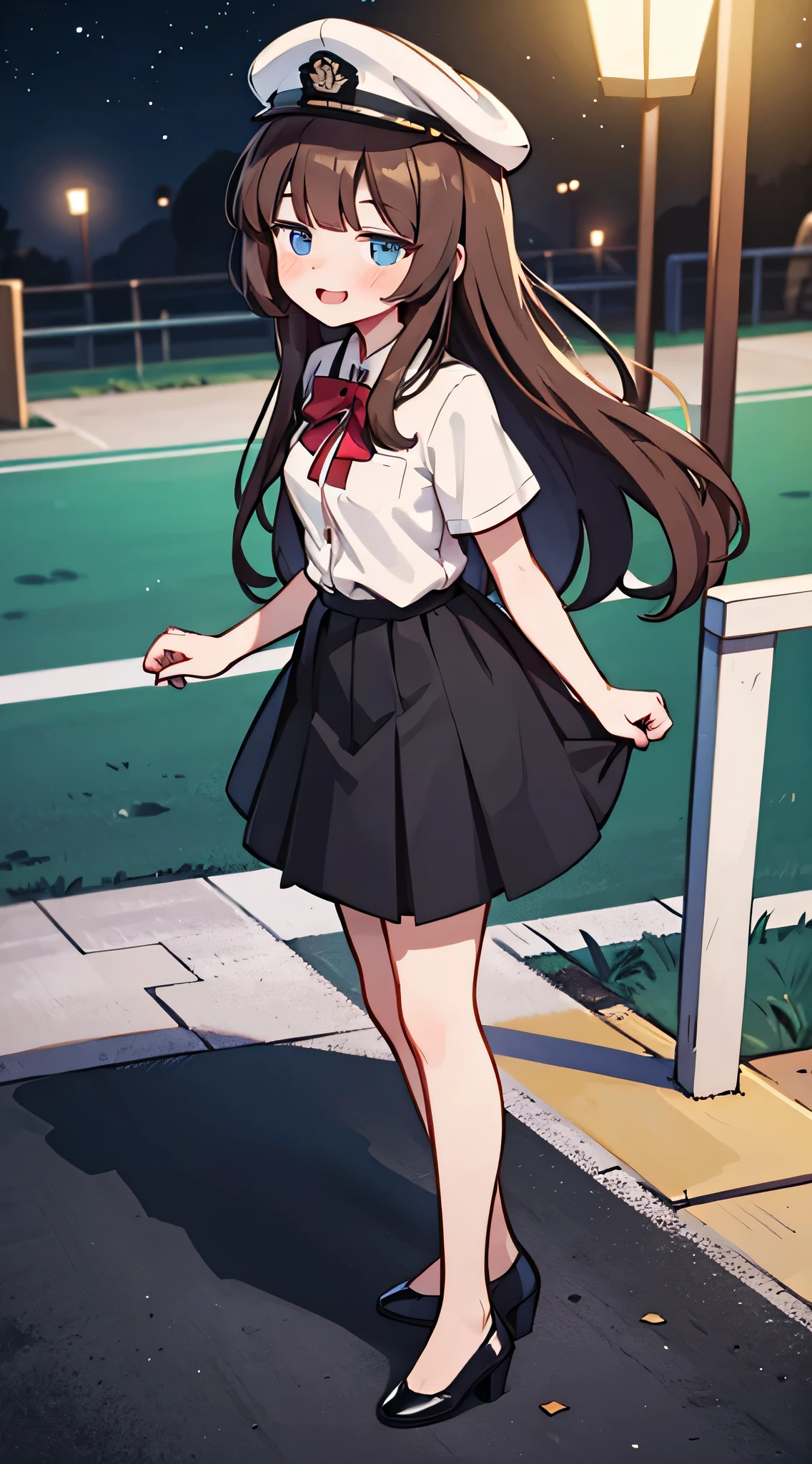 {Highest quality}, {Super beautiful},{Ultra fine},{Best illustration},Brown Hair,Hime cut,semi-long,Bangs,Standing Woman,Uniform cap,White Shirt,Short sleeve,Long black skirt,Night Park,Embarrassed,smilingly,Blushing,Slender women, A woman wearing plain black pumps,Bare feet and pumps,From an angle,From above