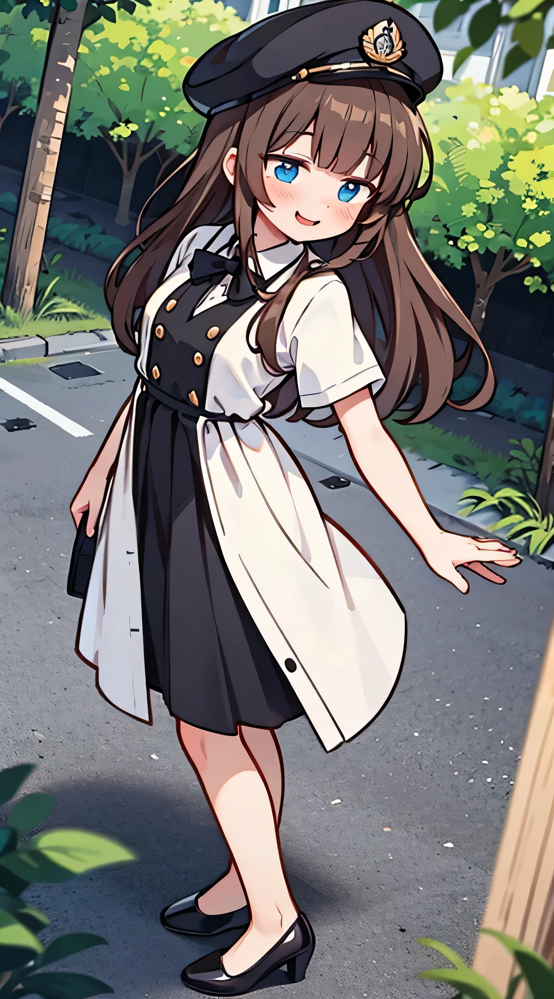 {Highest quality}, {Super beautiful},{Ultra fine},{Best illustration},Brown Hair,Hime cut,semi-long,Bangs,Standing Woman,Uniform cap,White Shirt,Short sleeve,Long black skirt,Night Park,Embarrassed,smilingly,Blushing,Slender women, A woman wearing plain black pumps,Bare feet and pumps,From an angle,From above