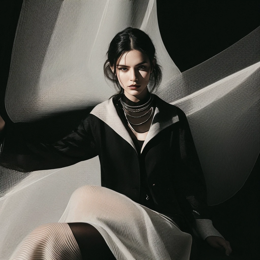 in the middle of the background in the form of radiating white lines, there is a woman sitting, this woman is wearing dark clothes with a flowing texture, and a beautiful necklace can be seen around her neck, the contrast between the dark clothes and the bright background creates an interesting composition