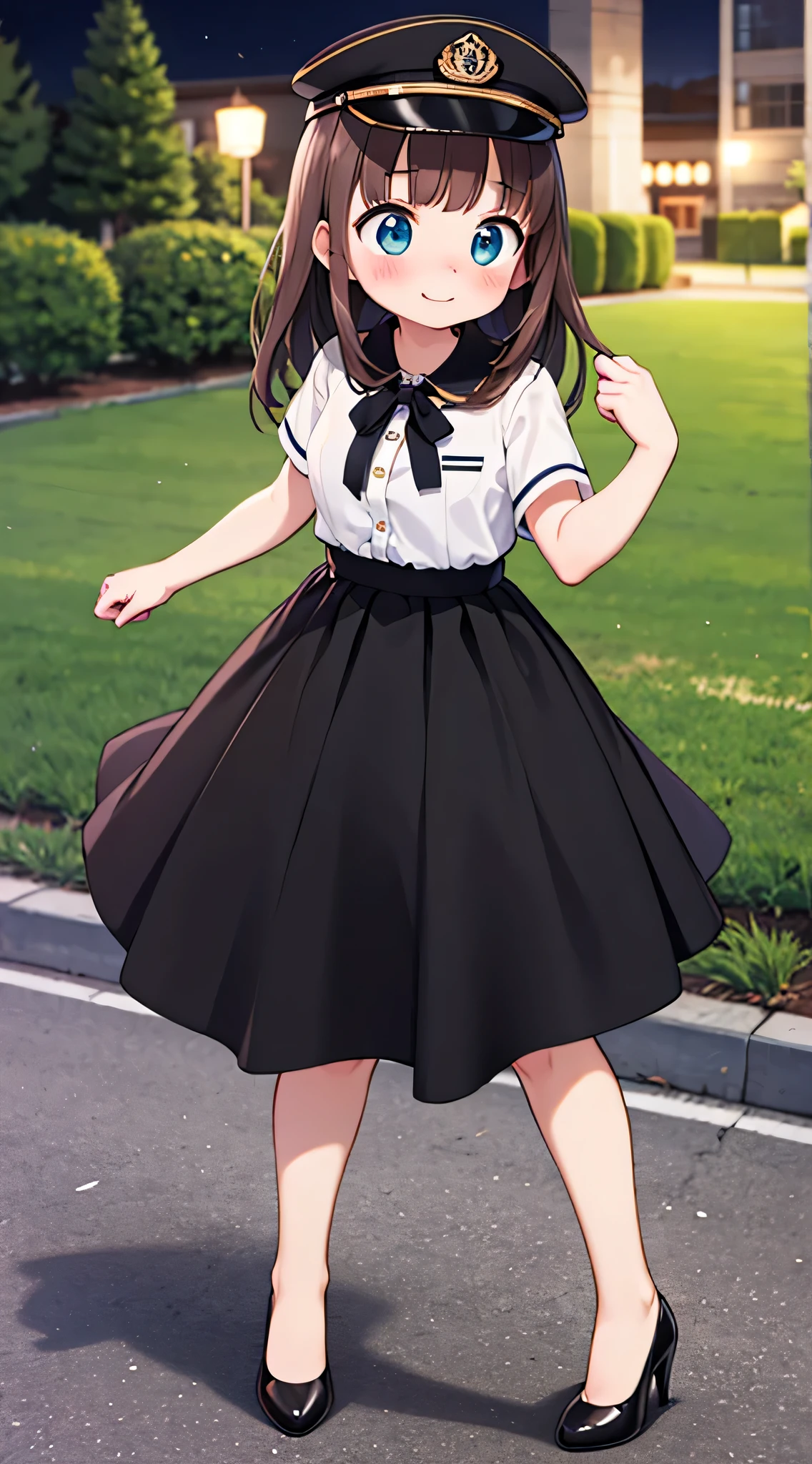 {Highest quality}, {Super beautiful},{Ultra fine},{Best illustration},Brown Hair,Hime cut,semi-long,Bangs,Standing Woman,Uniform cap,White Shirt,Short sleeve,Long black skirt,Night Park,Embarrassed,smilingly,Blushing,Slender women, A woman wearing plain black pumps,Bare feet and pumps,From an angle,From above