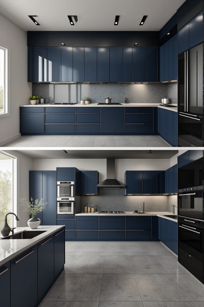 Professional 3d architecture rendering design of so modern and minimal kitchen with Prussian blue and dark stone color 