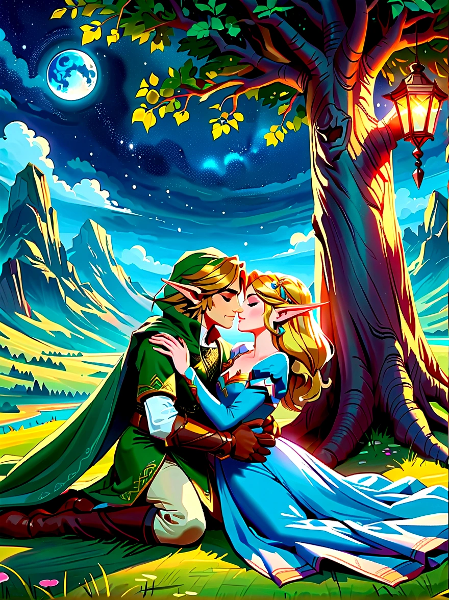 (best quality，8K，Ultra-high resolution，masterpiece)，very good，illustration，Princess Zelda，Relationship，couple，like，Embrace，(Lying under the World Tree:1.5)，fantasy，(The Legend of Zelda)，beautiful eyes，Beautiful lips，very good的眼睛和脸，Long eyelashes，Long hair，Romantic，closure，Warm lamps，Prime Time，color，fantasy艺术，thrilling，epic