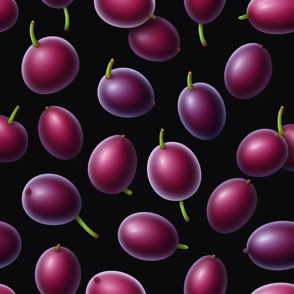 realistic plum, Black background, cartoon style