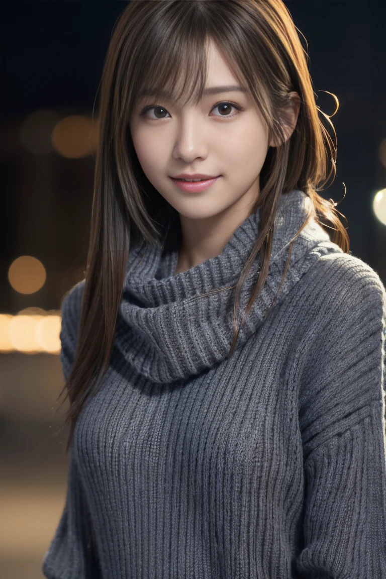 1 Japanese girl,(Dark Gray Sweater:1.4),(He has a big scarf around his neck:1.2), (RAW Photos, Highest quality), (Realistic, Realistic:1.4), Tabletop, Very delicate and beautiful, Very detailed, 8k wallpaper, wonderful, In detail, Very detailedCG Unity, High resolution, Soft Light, A beautiful and smart 19-year-old girl, Very detailed目と顔, Beautiful and detailed nose, Beautiful attention to detail,Cinema Lighting,City lights at night,Perfect Anatomy,Slender body,smile  (My hair is messy, Asymmetrical bangs, Light brown hair,)