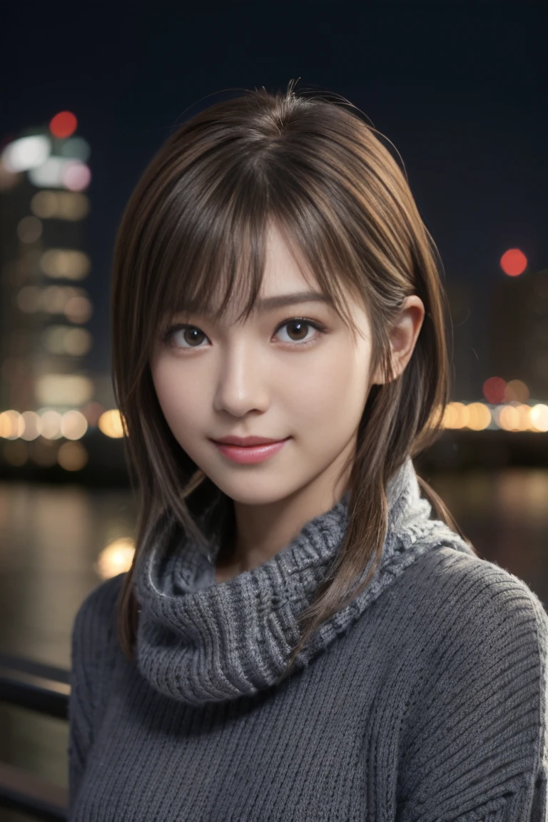 1 Japanese girl,(Dark Gray Sweater:1.4),(He has a big scarf around his neck:1.2), (RAW Photos, Highest quality), (Realistic, Realistic:1.4), Tabletop, Very delicate and beautiful, Very detailed, 8k wallpaper, wonderful, In detail, Very detailedCG Unity, High resolution, Soft Light, A beautiful and smart 19-year-old girl, Very detailed目と顔, Beautiful and detailed nose, Beautiful attention to detail,Cinema Lighting,City lights at night,Perfect Anatomy,Slender body,smile (My hair is messy, Asymmetrical bangs, Light brown hair,)