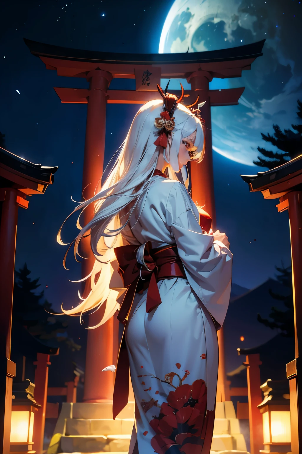 A stylish shrine maiden with white hair,Turning face,Back view ,up,torii ,Night Sky,High resolution, High resolution, 8K, Masterpiece 2:1,( Shrines in Kyoto、star)、
