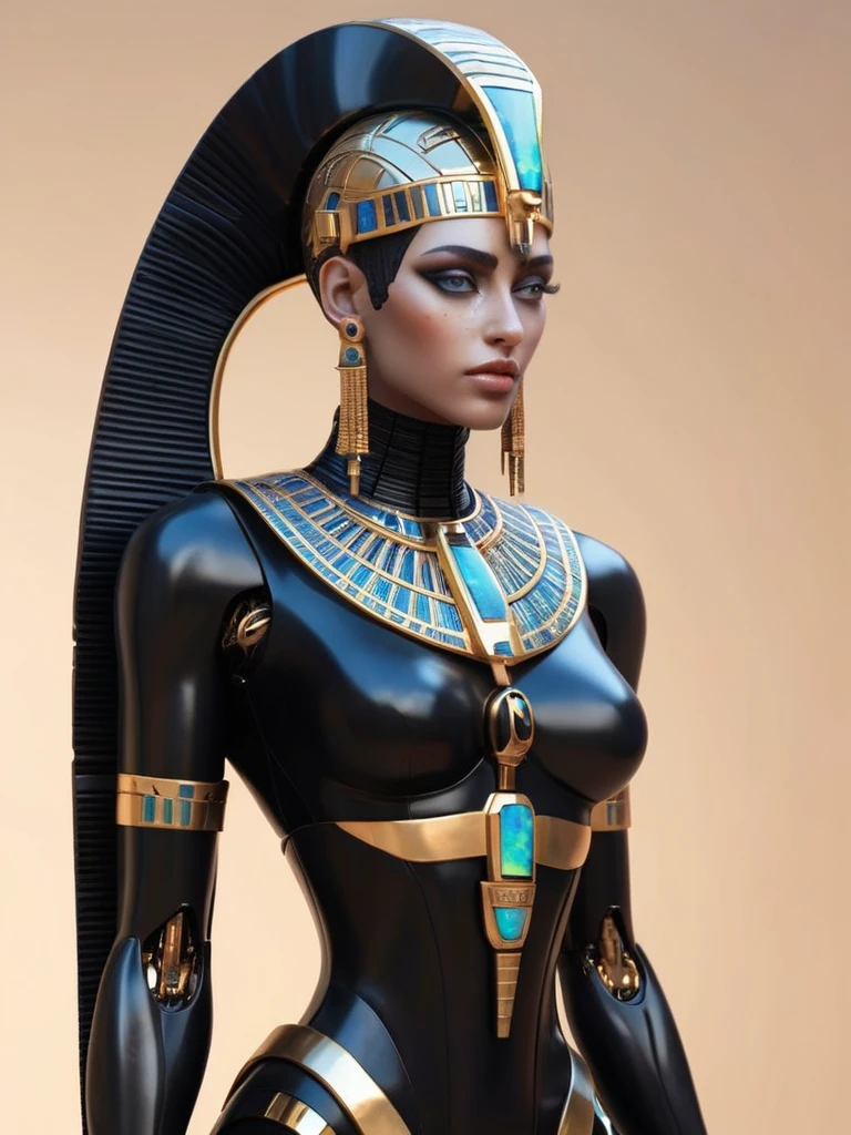 ral-opal, meahophontron, whole body, Woman robot face, futuristic cyberpunk, bust, cleopatra of egypt theme, Egypt background, demonic environment, black clothes, pose frontal