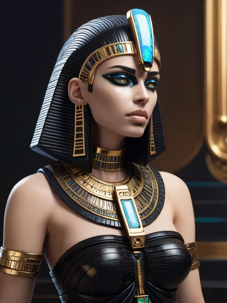 ral-opal, meahophontron, whole body, Woman robot face, futuristic cyberpunk, bust, cleopatra of egypt theme, Egypt background, demonic environment, black clothes, pose frontal