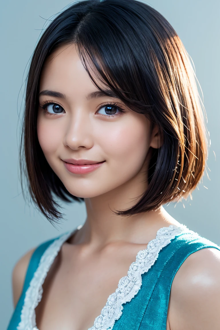 1 girl,(wearing colorful stage costume:1.2),very beautiful japanese idol portrait,close up of face,(RAW photo,best quality),(real,realistic:1.4),(masterpiece),very delicate and beautiful,very detailed,2k wallpaper,amazing,finely detailed,highly detailed CG Unity 8K wallpaper,very detailed,high resolution,soft light,beautiful detailed girl,very detailed eyes and face,beautiful refined nose,finely beautiful eyes,cinema lighting,(simple light color background:1.3),(short hair),(bob),full anatomy,slender body,small breasts,smiling,