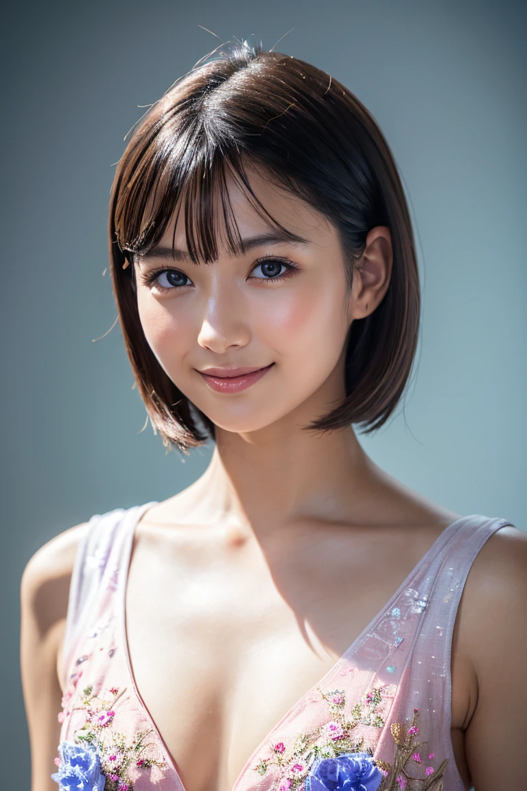 1 girl,(wearing colorful stage costume:1.2),very beautiful japanese idol portrait,close up of face,(RAW photo,best quality),(real,realistic:1.4),(masterpiece),very delicate and beautiful,very detailed,2k wallpaper,amazing,finely detailed,highly detailed CG Unity 8K wallpaper,very detailed,high resolution,soft light,beautiful detailed girl,very detailed eyes and face,beautiful refined nose,finely beautiful eyes,cinema lighting,(simple light color background:1.3),(short hair),(bob),full anatomy,slender body,small breasts,smiling,