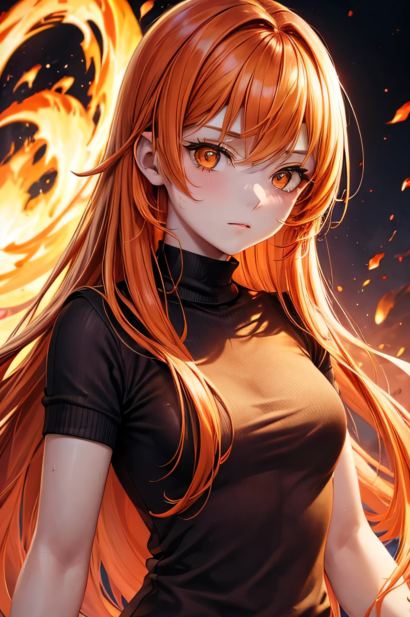 Masterpiece, Very detailed, ultra detailed, heat, Alone, (1 girl), (pale skin), orange eyes, By the knitwear, Red hair, Orange hair, yellow hair, Firehair, genial chara, Flat Face, young woman, Mrs. Chara, half , arrogant, safe, cold face, goddess, girl cute awesome, flames of fire, (Red flowers:0.5), (calm expression), (glowing fire crystals), (modern casual clothing), (SMILE:0.5)