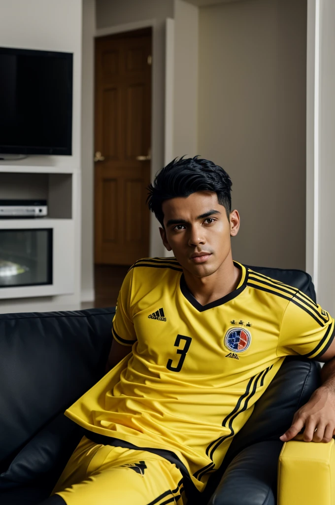 black haired male person wearing yellow colombia shirt number 3 name Jeferson looking at tv