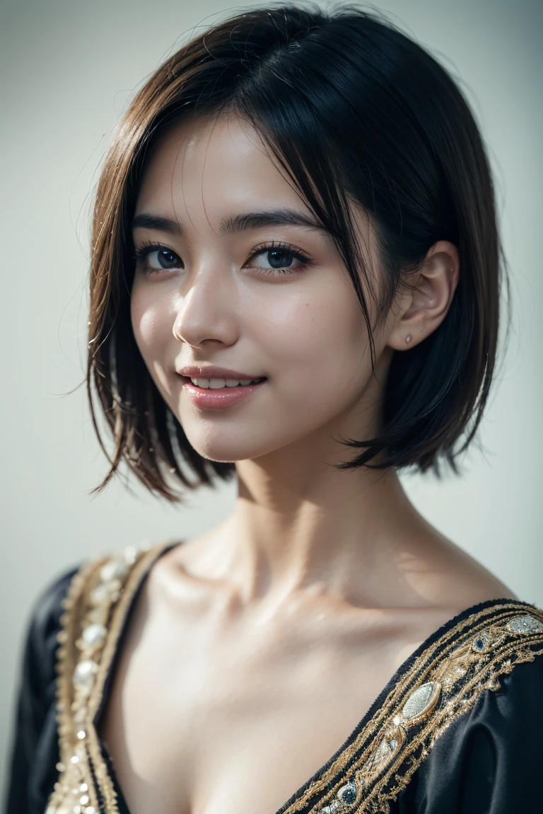 1 girl,(wearing colorful stage costume:1.2),very beautiful japanese idol portrait,close up of face,(RAW photo,best quality),(real,realistic:1.4),(masterpiece),very delicate and beautiful,very detailed,2k wallpaper,amazing,finely detailed,highly detailed CG Unity 8K wallpaper,very detailed,high resolution,soft light,beautiful detailed girl,very detailed eyes and face,beautiful refined nose,finely beautiful eyes,cinema lighting,(simple light color background:1.3),(short hair),(bob),full anatomy,slender body,small breasts,smiling,