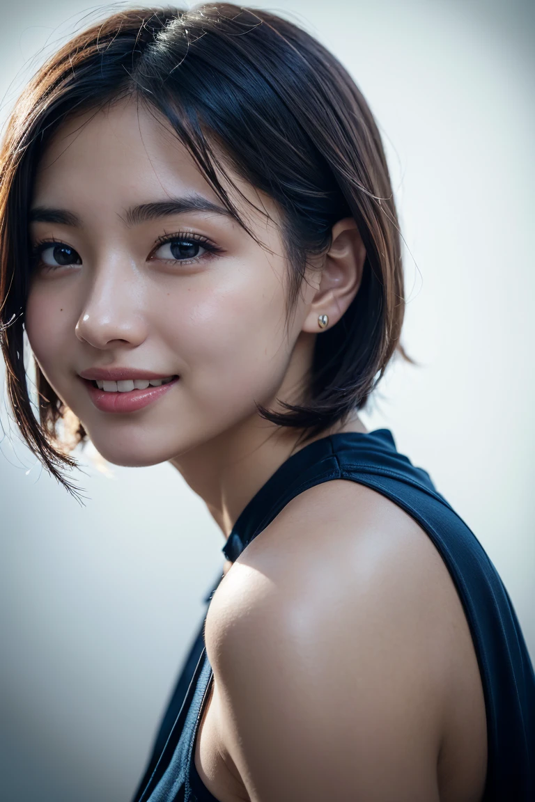 1 girl,(wearing colorful stage costume:1.2),very beautiful japanese idol portrait,close up of face,(RAW photo,best quality),(real,realistic:1.4),(masterpiece),very delicate and beautiful,very detailed,2k wallpaper,amazing,finely detailed,highly detailed CG Unity 8K wallpaper,very detailed,high resolution,soft light,beautiful detailed girl,very detailed eyes and face,beautiful refined nose,finely beautiful eyes,cinema lighting,(simple light color background:1.3),(short hair),(bob),full anatomy,slender body,small breasts,smiling,