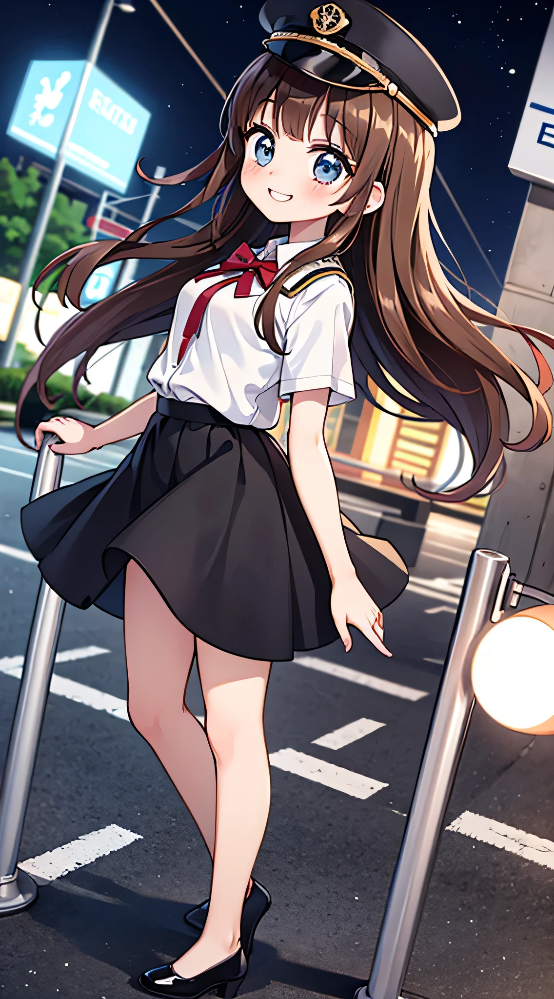 {Highest quality}, {Super beautiful},{Ultra fine},{Best illustration},Brown Hair,Hime cut,semi-long,Bangs,Standing Woman,Uniform cap,White Shirt,Short sleeve,Long black skirt,Night Park,Embarrassed,smilingly,Blushing,Slender women, A woman wearing plain black pumps,Bare feet and pumps,From an angle,From above