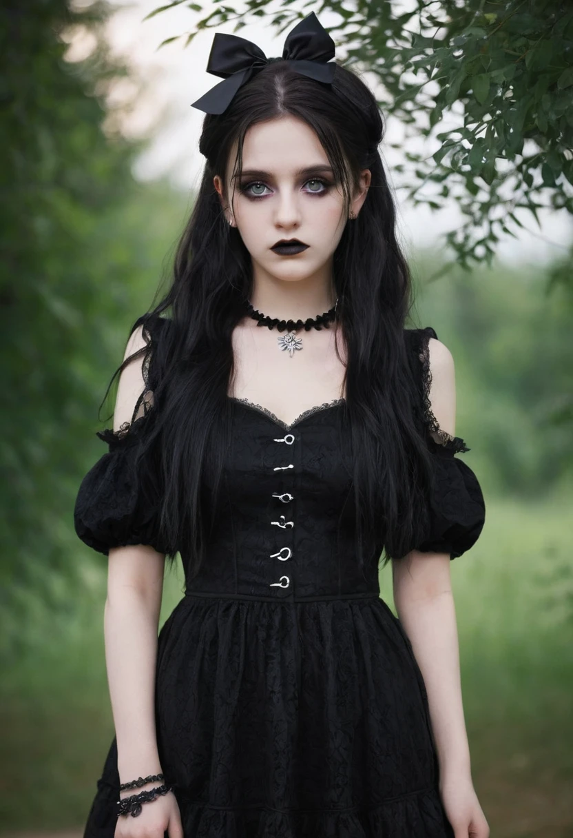 (masterpiece:1.2), (best quality:1.2), Perfect eyes, Perfect face, Perfect lighting, 1 Girl, Mature goth girl standing with hands in front of her, Long hair, Complex hairstyle, cosmetic, Dark lips, Thick eyelashes, sad, Melancholy, Wearing a GothGal costume, Black and white dress, Ruffles, Ribbon, Puff sleeves, Bare shoulders, Lace necklace, Jewelry, peaceful, Quiet, chill, Detailed outdoor background, Beautiful scenery, fantasy, summer, Sunlight, Sunburn, Flowers, Trees  