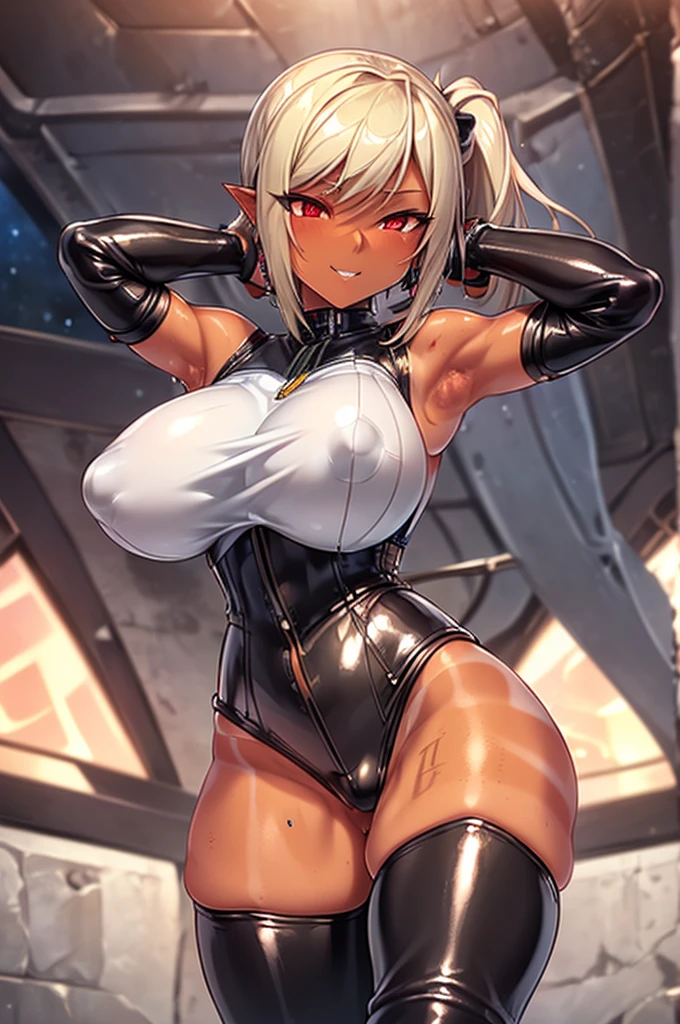 Ultra-detailed,masterpiece,Highest quality,Official image,(Midnight,Space Station:1.3),(Side ponytail long hair,blonde,Pointy Ears:1.1),(Red Eye:1.1),(Tan skin Oily skin:1.5),(Huge breasts:1.2),(model:1.1),(Tattoo),(Natural Makeup),(Shiny clothes,Shiny body,Shiny Chos),(Ecstasy,orgasm),(Five Fingers:1.1),(Leather corset,Leather Gloves,Thigh-high boots:1.5), (Shiny clothes:0.8),(Moderate),(Tattoo:1.1),(vapor,Sweat:1.1),(first round:1.1),(Put your hands behind your head,M-shaped legs:1.5),Cowboy Shot,(Bright fingers,Brilliant hands),(An inviting smile)