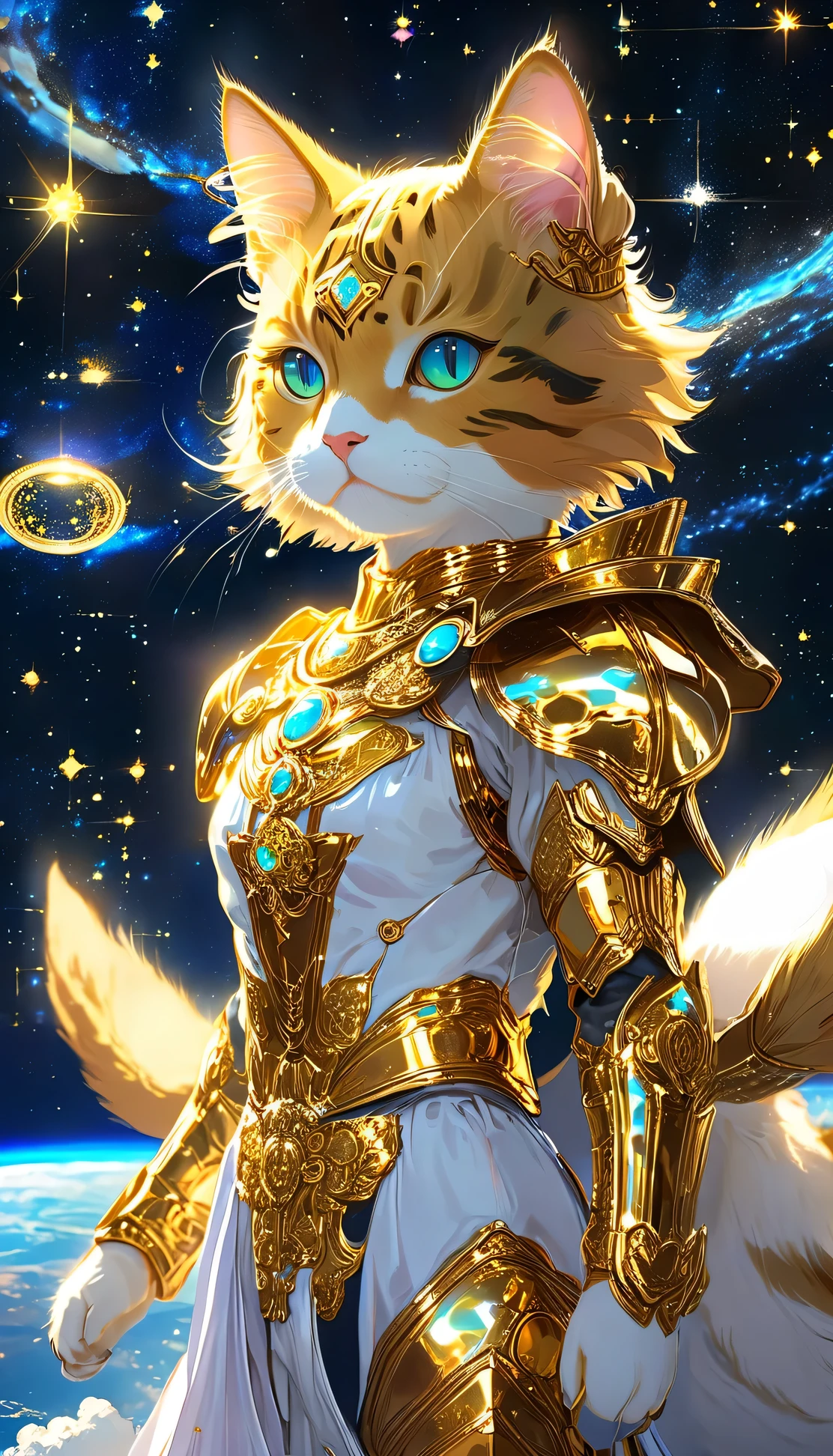 ((8K)), highest quality, 超High resolution, (High resolution),A cat dressed in the outfit of a Gold Saint from the anime Saint Seiya, floating in the vast expanse of outer space. The cat's armor shines brightly, reflecting the stars around it