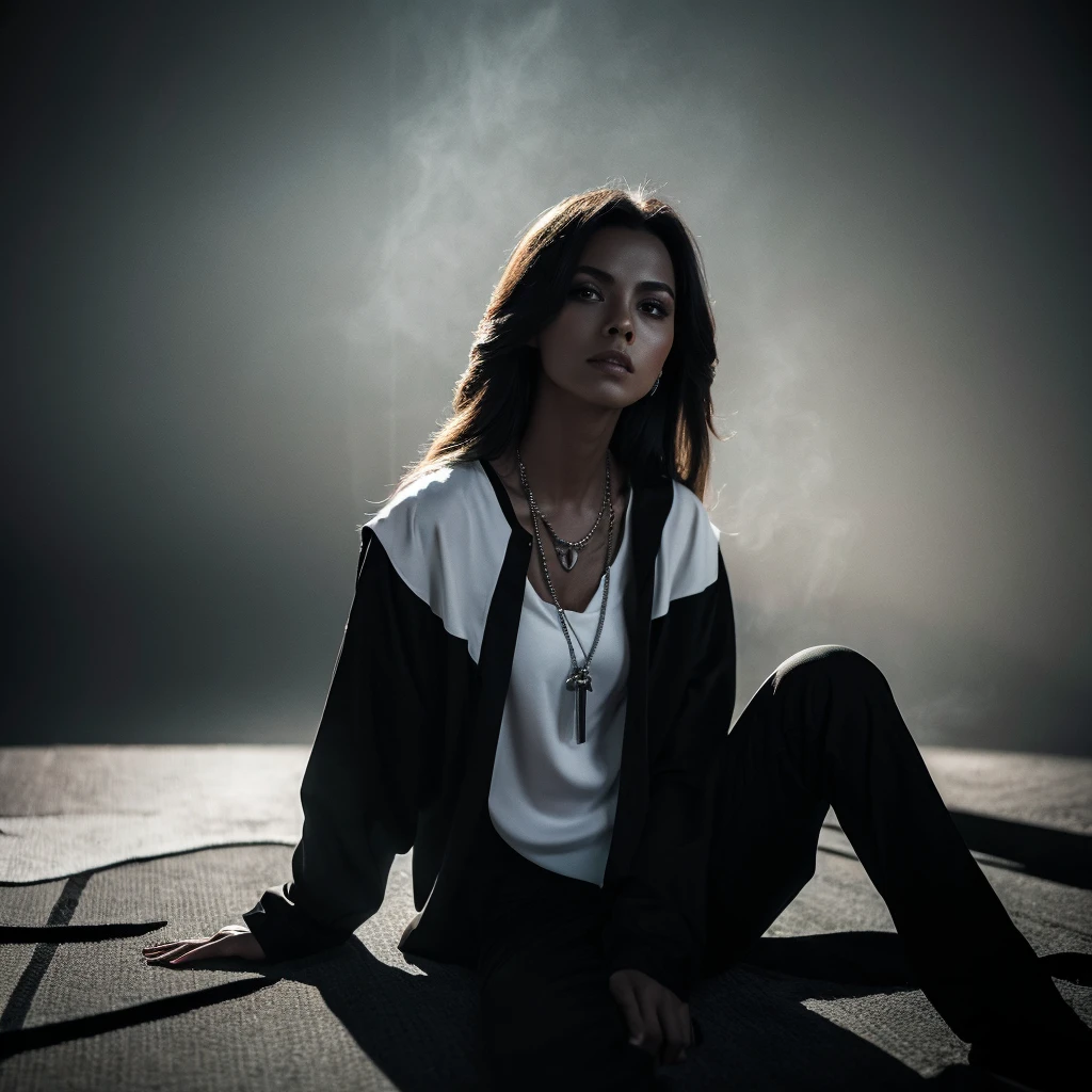 A woman sitting in the middle of the background with radiating white lines, wearing dark flowing clothes with a beautiful necklace, dramatic lighting, high contrast, dark and light, photorealistic