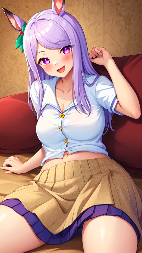 {{{NSFW}}},(masterpiece:1.2),(ultra quality:1.2),(ultra detailed:1.2),(ultra-high resolution:1.2),(very fine 8K CG wallpaper:1.2),Mejiro McQueen\(umamusume\),{1 girl,beautiful girl,cute,smile,kawaii, lovely,blushing,playful expression},sharp focus,oily skin,beautiful detailed hair,glossy hair,(wear school uniform:1.5),(lying on the bed:1.2),wear long school skirt,perfect two legs,(spread two legs:1.2),(show-off-white-panties:1.3),five fingers,large breaths,wear black pantyhose,beautiful detailed eyes,jewel like eyes,violet eyes, (two hands behind head:1.1),open mouth,armpits, solo,beautiful navel, looking at viewer,collarbone,earring