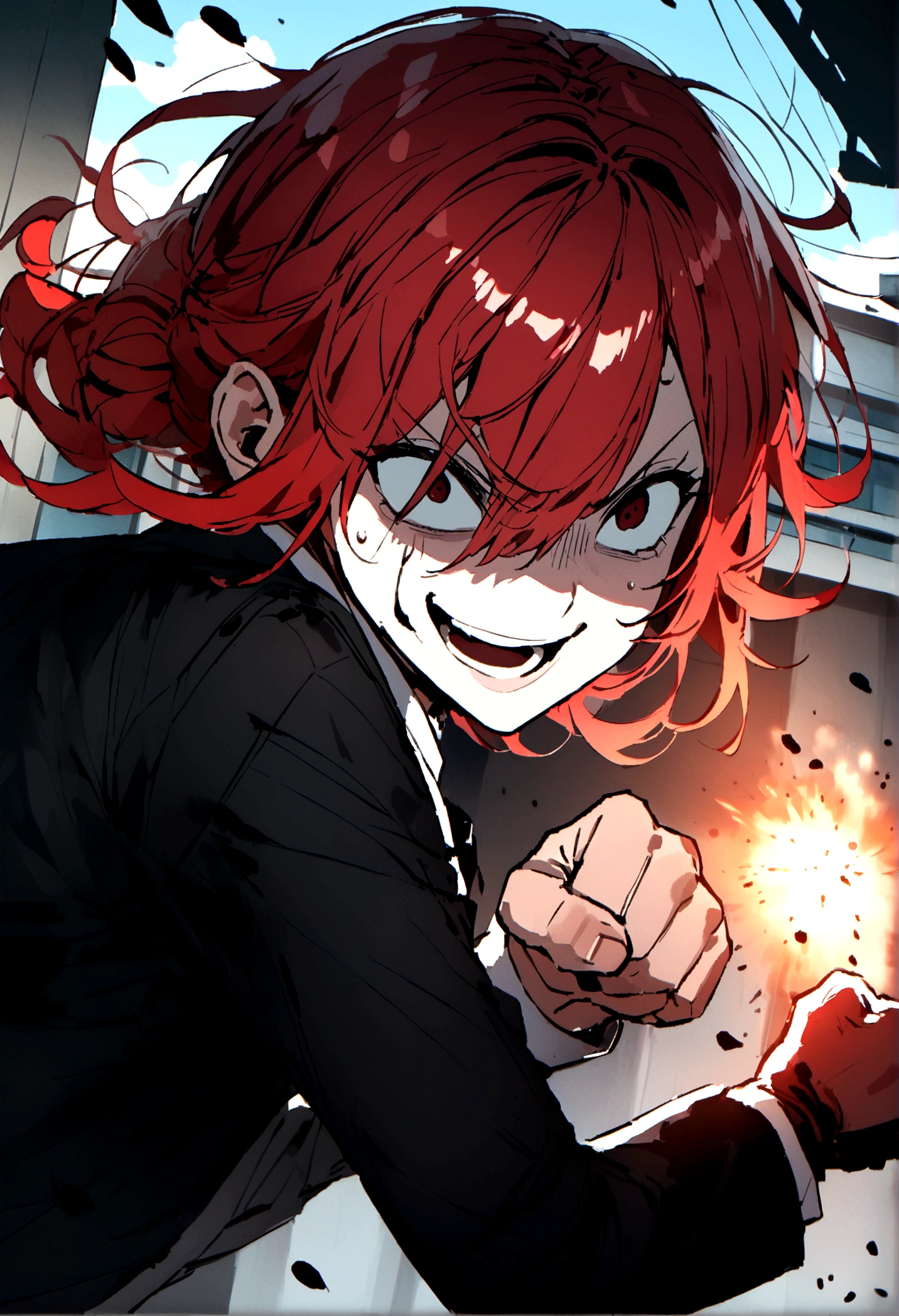 Red hair、Black suit、punch、Scary smile、office、Daytime、punching,Front facing